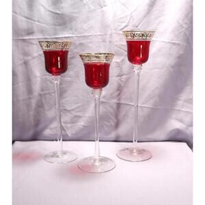 Christmas Holiday Glass Candleholders Red Gold Trim Set of 3 Vintage JC Penney